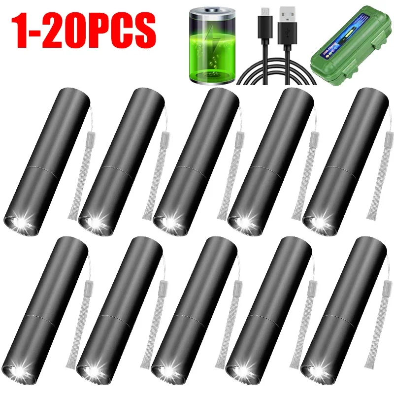 1-20PCS Mini Portable LED Flashlight Built In Battery USB Rechargeable Waterproof Torch Outdoor Camping Night Emergency Light