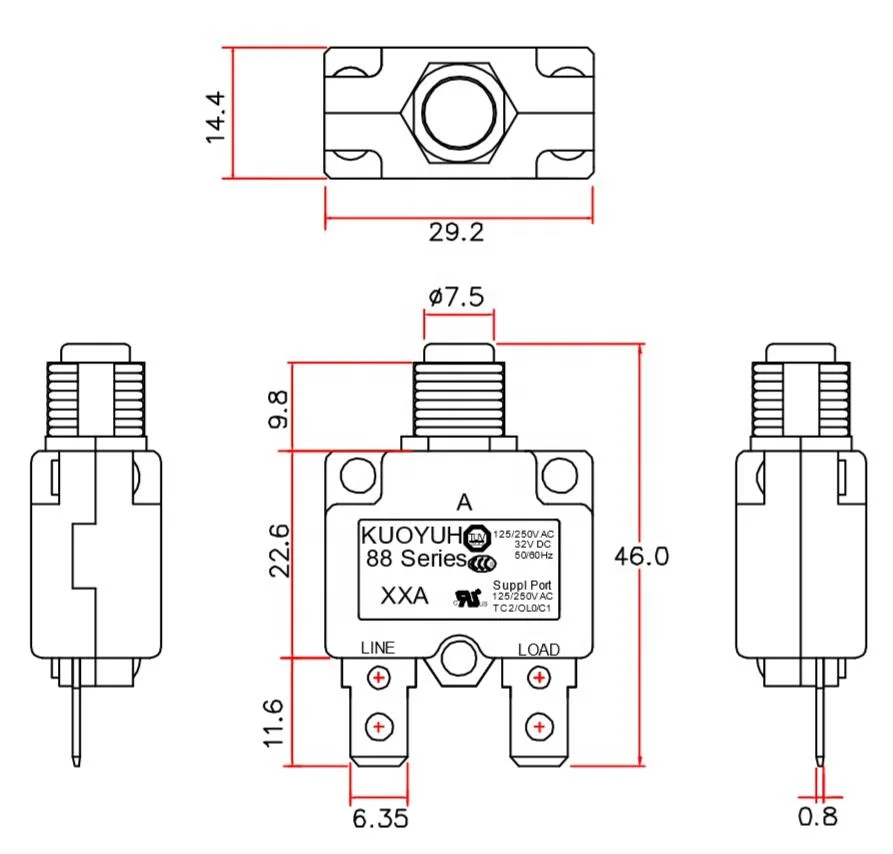 Kuoyuh-88 Series Circuit Breaker, Motor Thermal Overload Protection, 5A, 10A, 15A, 20A, 25A, 30A DC, Resettable