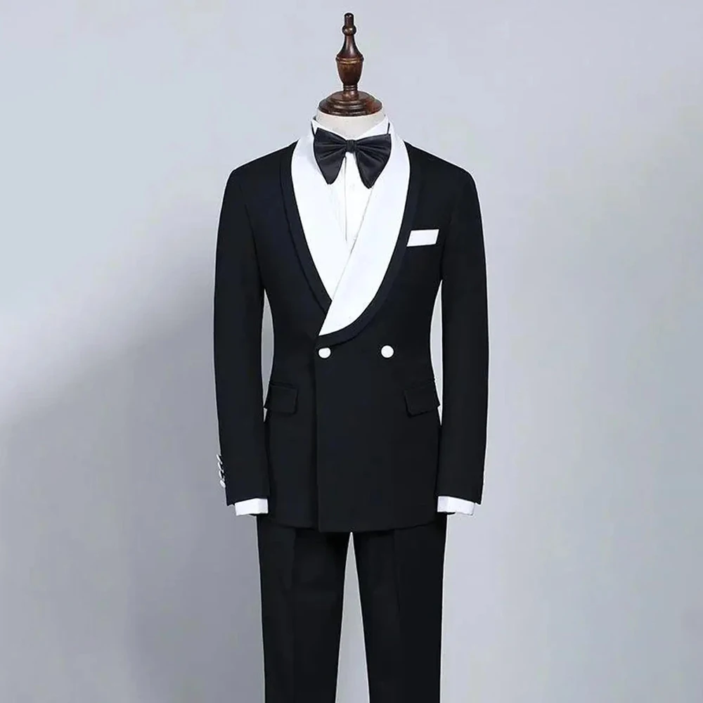 

Formal Black Men's Suits Tailor Made Double Breasted With White Shawl Lapel Blazer High Quality Party 2 Piece Jacket Pants Sets