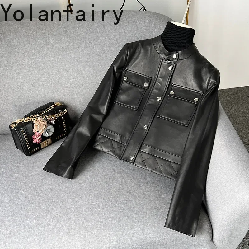 YOLANFAIRY Cappotto in vera pelle Giacca da donna Abbigliamento autunnale Donna Slim Vita alta Colletto alla coreana Giacche corte in pelle di pecora FCY