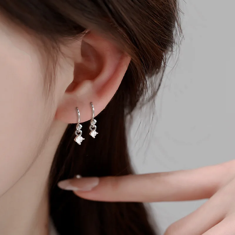

925 Sterling Silver Geometric Square Zircon Curved Hook Stud Earring for Women Fine Jewelry High Luxury Vintage Accessories