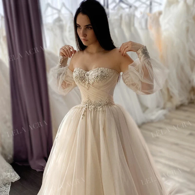 Abiti da sposa da spiaggia Romantico staccabile manica lunga Tull Lace-Up A-Line Abito da sposa Principessa Plus Size Sweep Train Realizzato su misura