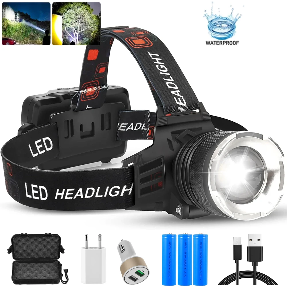 

Super Bright LED Headlamp USB Rechargeable Headlight Zoomable Fishing Head Flashlight Waterproof 5modes Camping 18650 Head Light