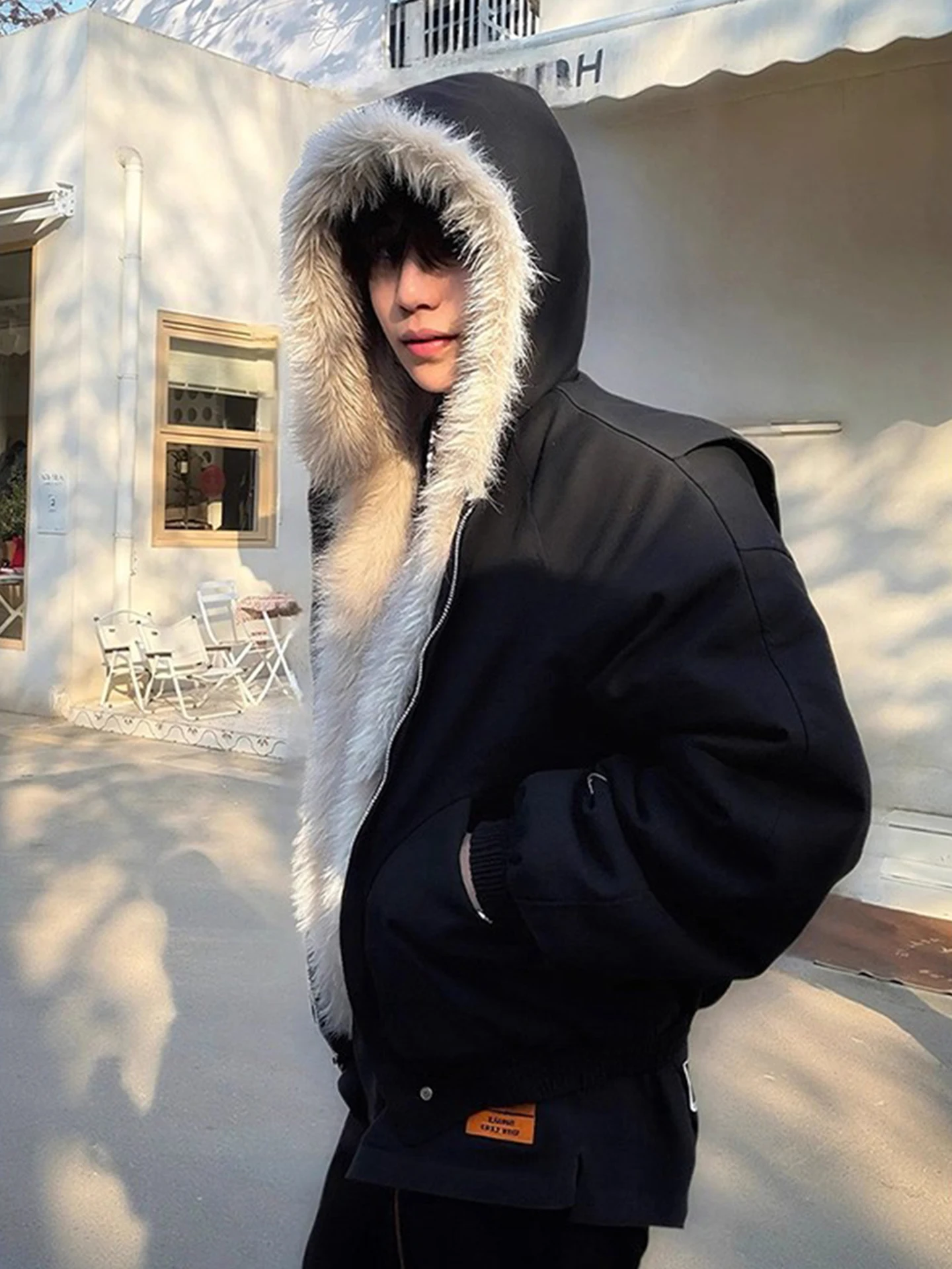 

Cleanfit Thiened Hooded Cotton Jaet Men's Winter American Retro ort Sle Fur Collar Mountain Eagle Pattern Warm Coat