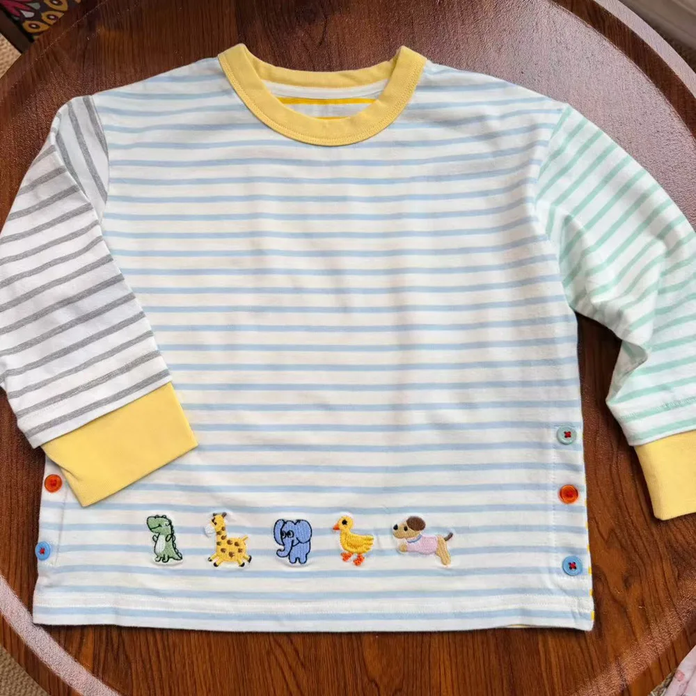 

spring baby girls clothes kids boys t-shirt Cartoon animal embroidery long-sleeved T-shirt Plaid pattern casual top