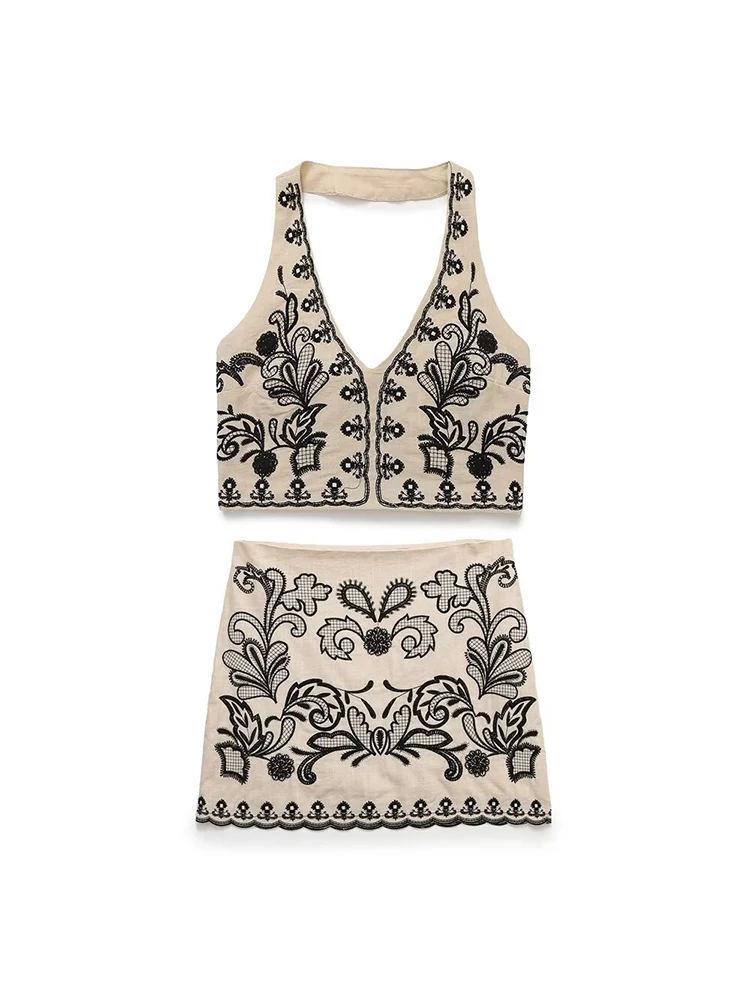ZBZA Women\'s Casual Holiday Style Sleeveless Camisole Top Y2K Embroidered Skirt Vintage Style Skirt Set Designer Womenswear