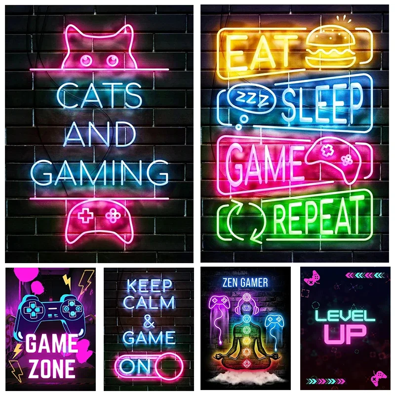 Neon Canvas Prints Painting Eat Sleep Game Repeat Funny Gaming Quote Posters Mural Wall Art for Home Gamer Room Decor No Ligh