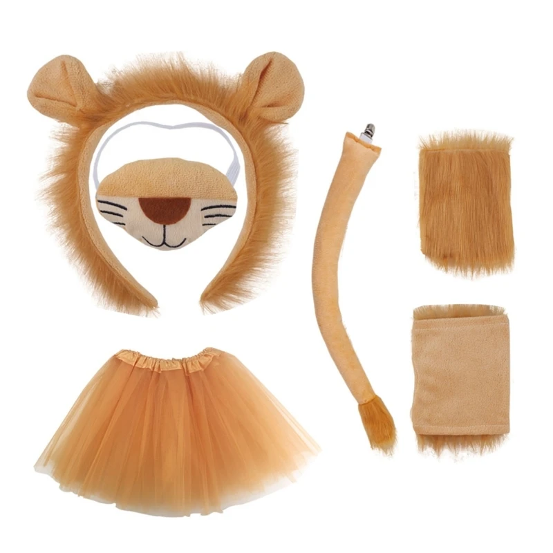 Child Lion Cosplay Set Animal Dress up Costume Lion Hairband, Tail, Skirt, Bowtie for Kid Birthday Party Halloween