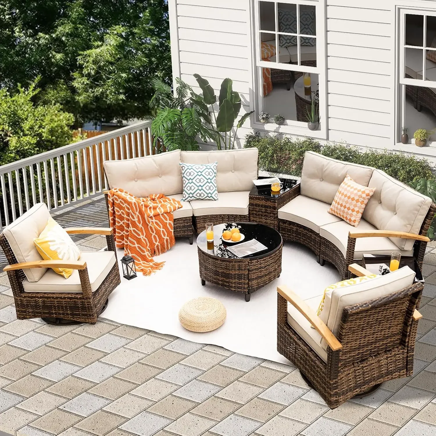 

3/6/9pcs Outdoor Patio Furniture Set, Half-Moon Curved Sectional Sofa Rattan Patio Conversation Set with Wood Armrests, Beige