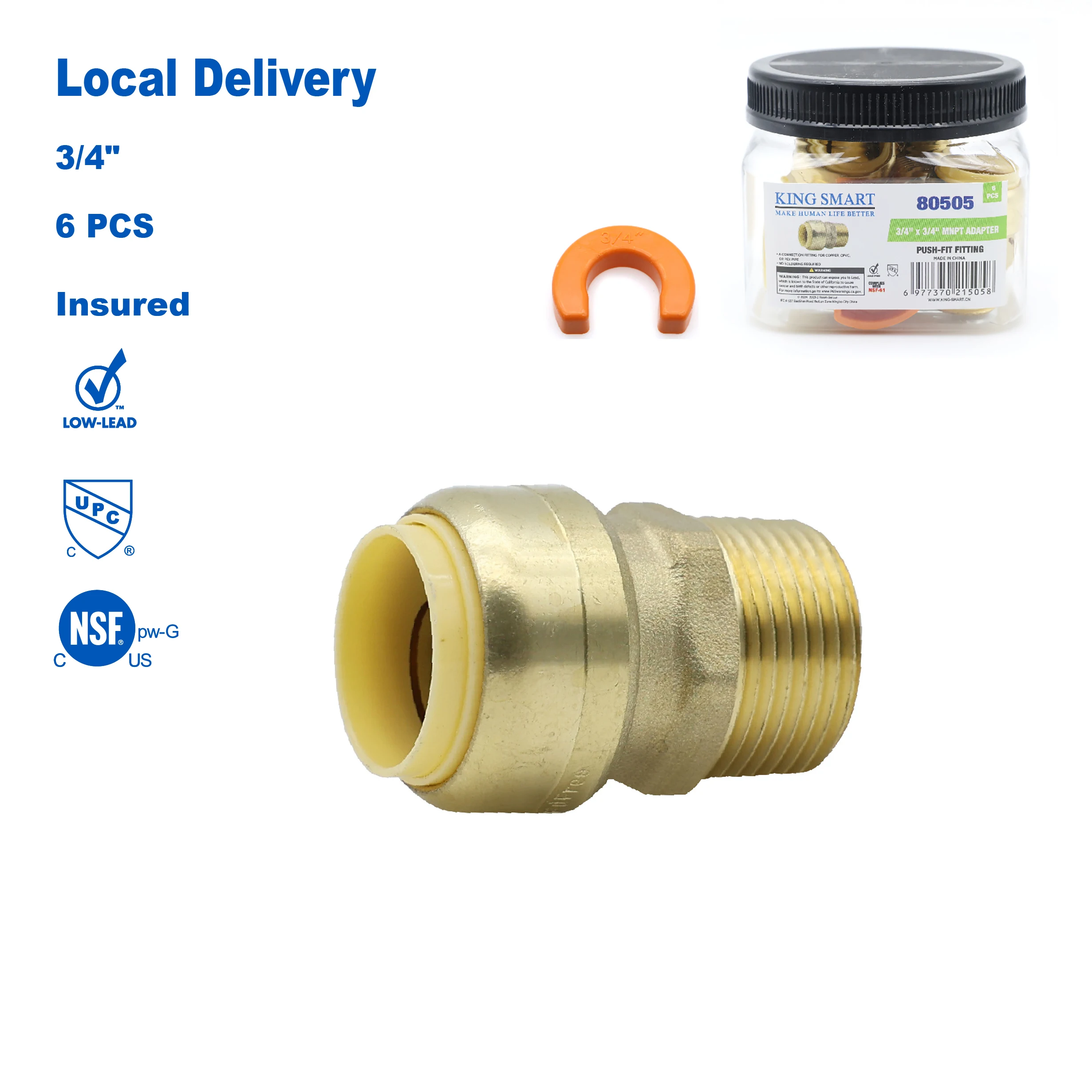 

KING SMART 3/4" Push Fit * 3/4" Male NPT Adapter; 6Pcs/Case; 80505