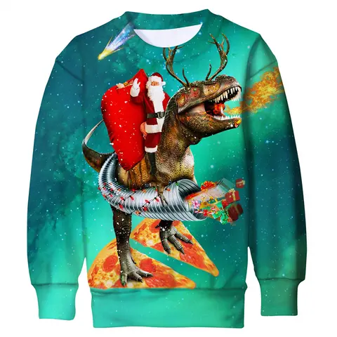 Novelty Ugly Christmas Sweater For Men New Year 3d Printing Dinosaur Xmas Sweatshirts Crew Neck Pullovers Long Sleeves Hoodie