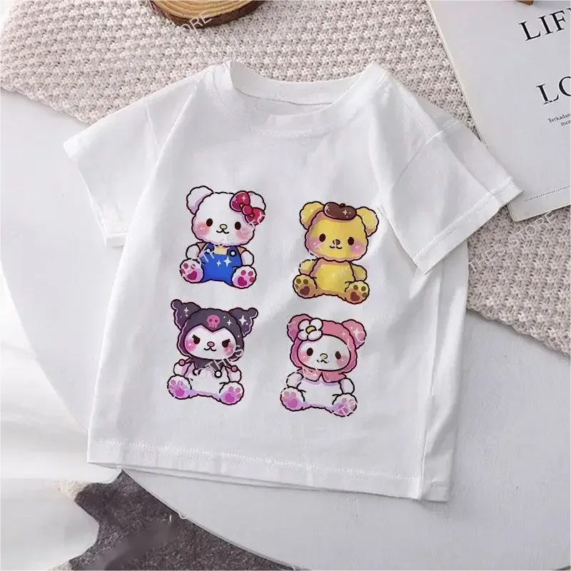 Hello Kitty Children\'s T-shirt Y2k Cotton Sanrio Kuromi Melody Anime Tee Shirts Cartoons Kid Girl Boy Streetwear Casual Clothes