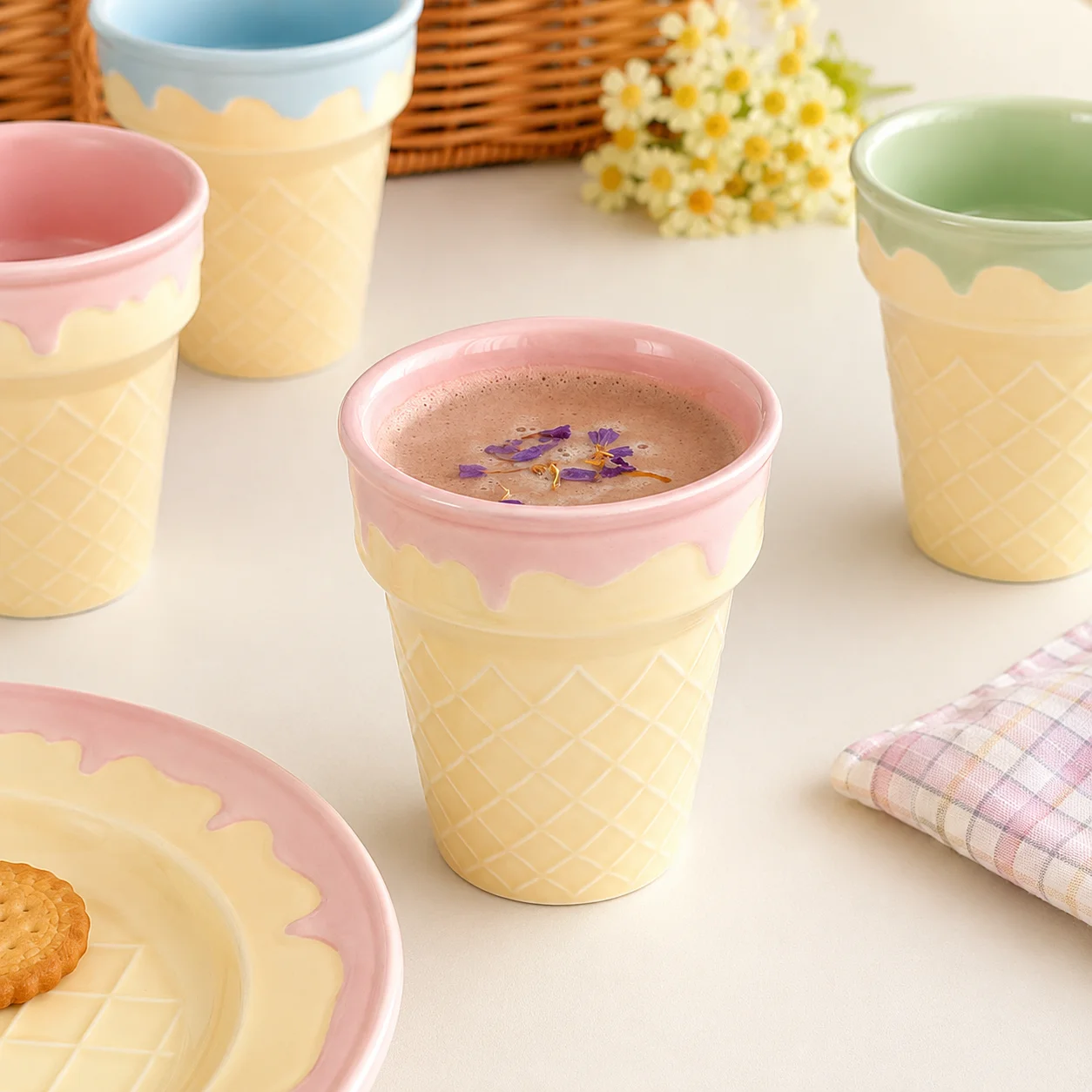 Ceramic Ice Cream Cone Cup 250ml Cute Waffle Cone Mug Pastel Coffee Tea Cup Creative Dessert Style Drinkware Kitchen Gift Tablew
