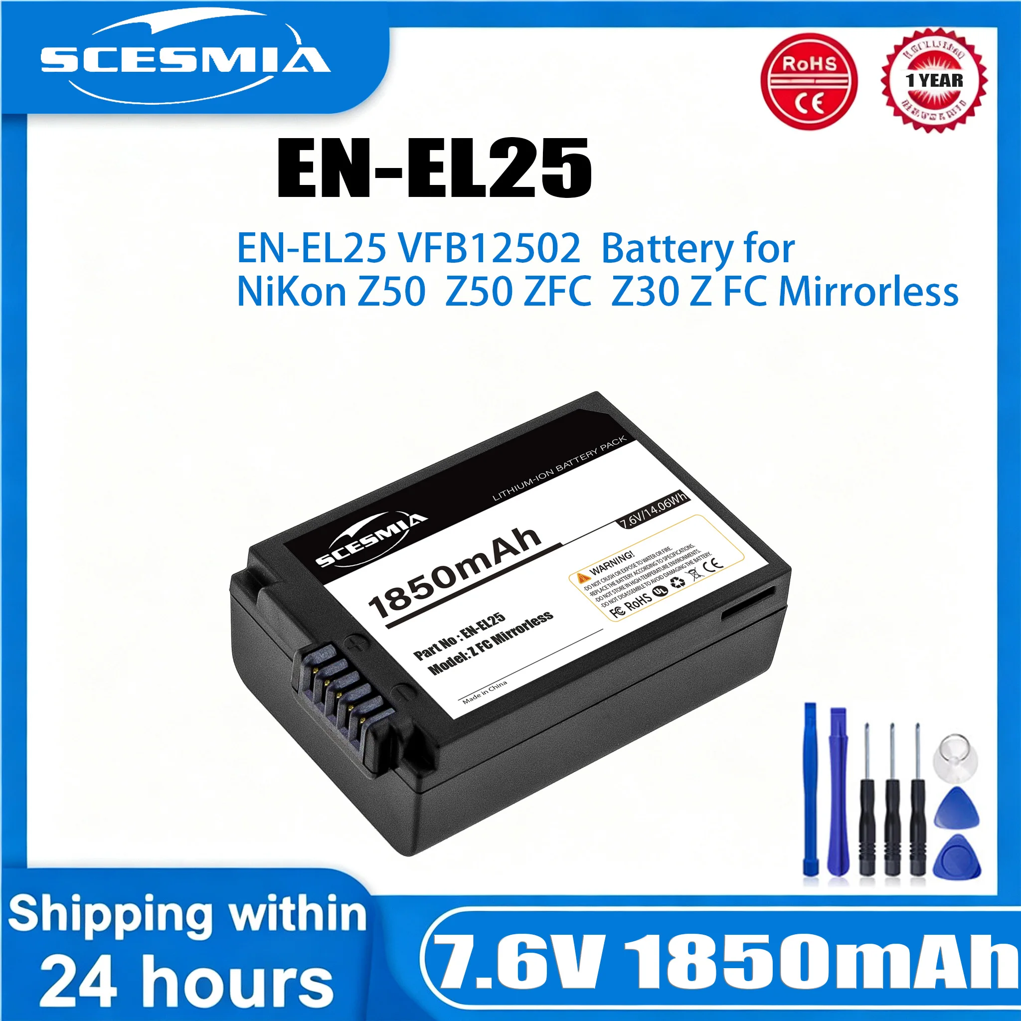 Camera Li-ion Battery for Nikon EN-EL25 VFB12502 Z50 Z50ZFC Z30 Z FC Mirrorless 1850mAh 7.6V 14.06Wh
