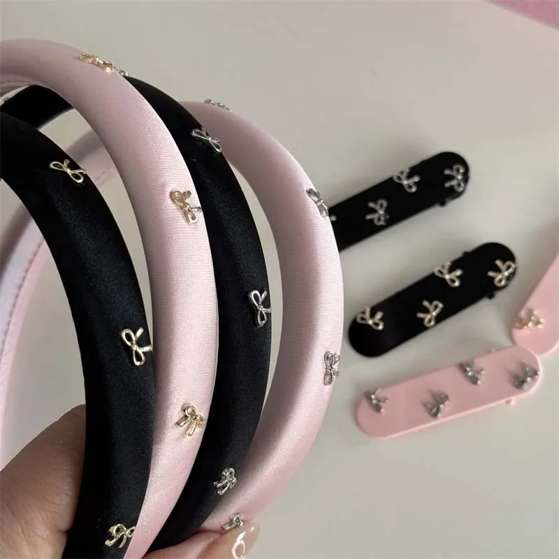 Vintage Pink Bow Hair Hoop Headband for Women Girls Elegant Solid Color Sponge Thick Hair Band Headwear Hair Accessories