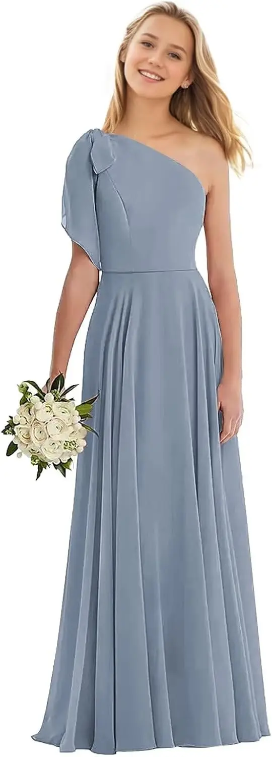 فساتين وصيفة الشرف للصغار بكتف واحد للفتيات المراهقات من الشيفون لفتاة الزهور وحزام ربطة عنق #5