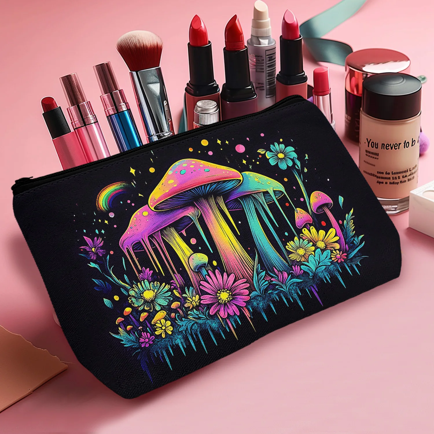 1Pc Artistic Colorful Mushroom Cosmetic Bag Floral Pretty And Fashionable Portable Cosmetic Bag With Zipper Best Gift For