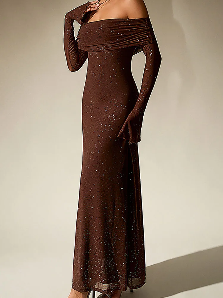 女性用セクシーなスラッシュネックドレープイブニングドレス、春のオフショルダー、ホローシャイニーロングドレス、秋のロングスリーブメッシュボヘミアンマキシドレス