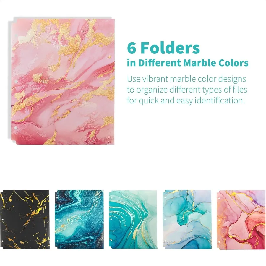 Confezione da 6 cartelle in plastica resistente con tasche Cartelle portadocumenti impermeabili a 2 tasche con slot per schede 6 colos decorativi in marmo 3 fori P