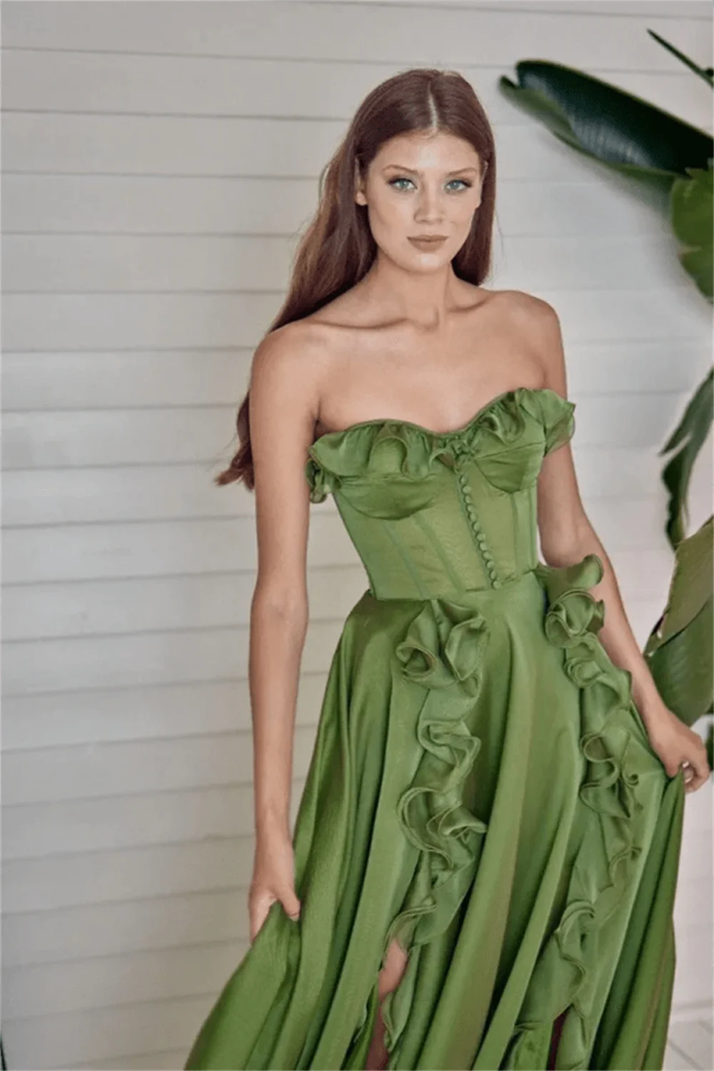 Cathy Green Strapless Chiffon Prom Dress Elegant Lace-up Back فستان حفلات الزفاف Sleeveless Side High Split Wedding Dress 2024