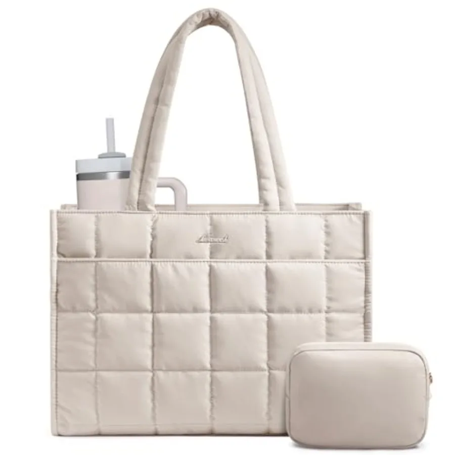 

Tote Bag for Women, Puffer Work Handbag 17 Inch Laptop Purse for Nurse Teacher, Large Quilted Travel Tote Shoulder Bag with Zip