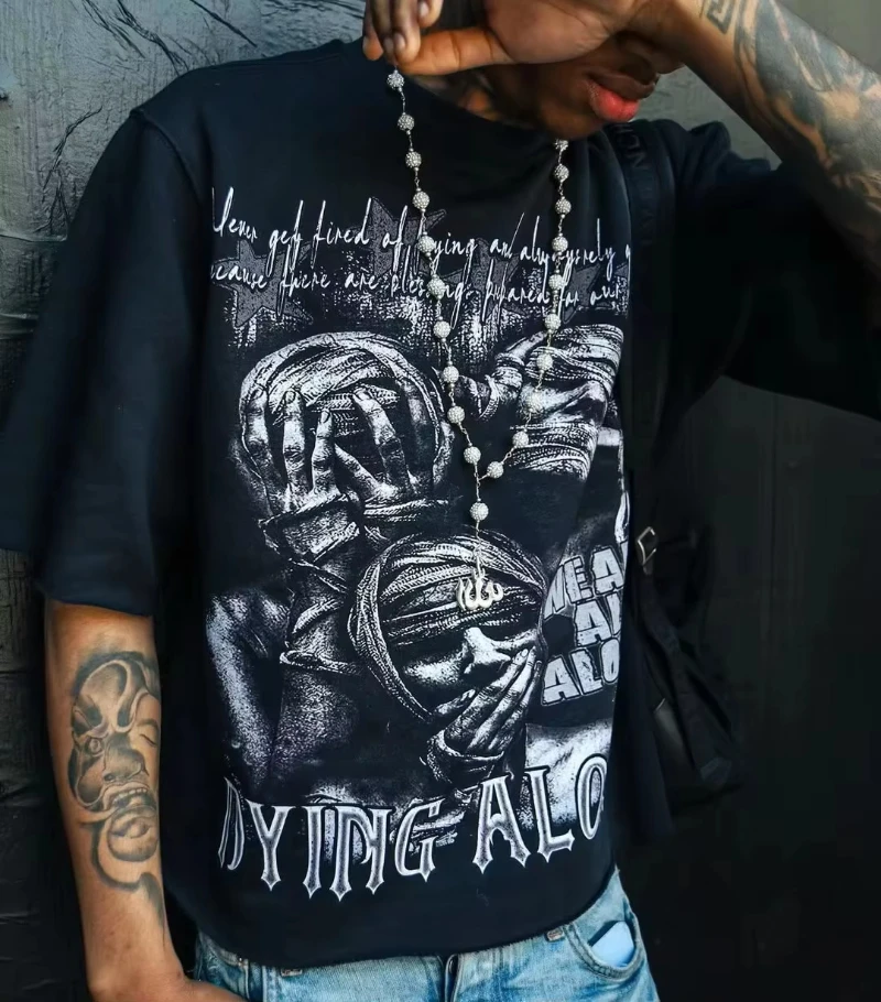 Harajuku خمر الأزواج الهيب هوب موضة الشارع الشهير شارع العليا تي شيرت شعبي الرجال الأمريكية عادية Y2k بلايز المتضخم تي شيرت #3