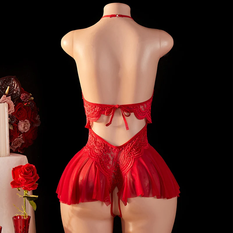 Red Sexy Women Hollow Lace Bra Sets Teddy Babydoll Dress Crotchless Underwear Deep V Porn Backless Lingerie Set Erotic Costumes - Image 6