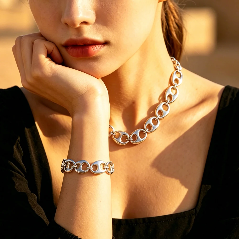 European and American Cross-Border Stainless Steel Irregular Pig Nose Necklace Bracelet Hip-Hop Trendy Vacuum Electroplated 18K Gold Jewelry