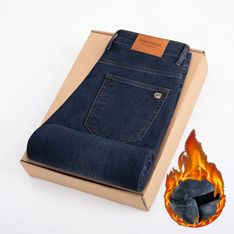 Men Winter Thermal Jeans Male Thickened Warm Loose Straight Leg Denim Trousers Fashion Simple Business Casual Pants