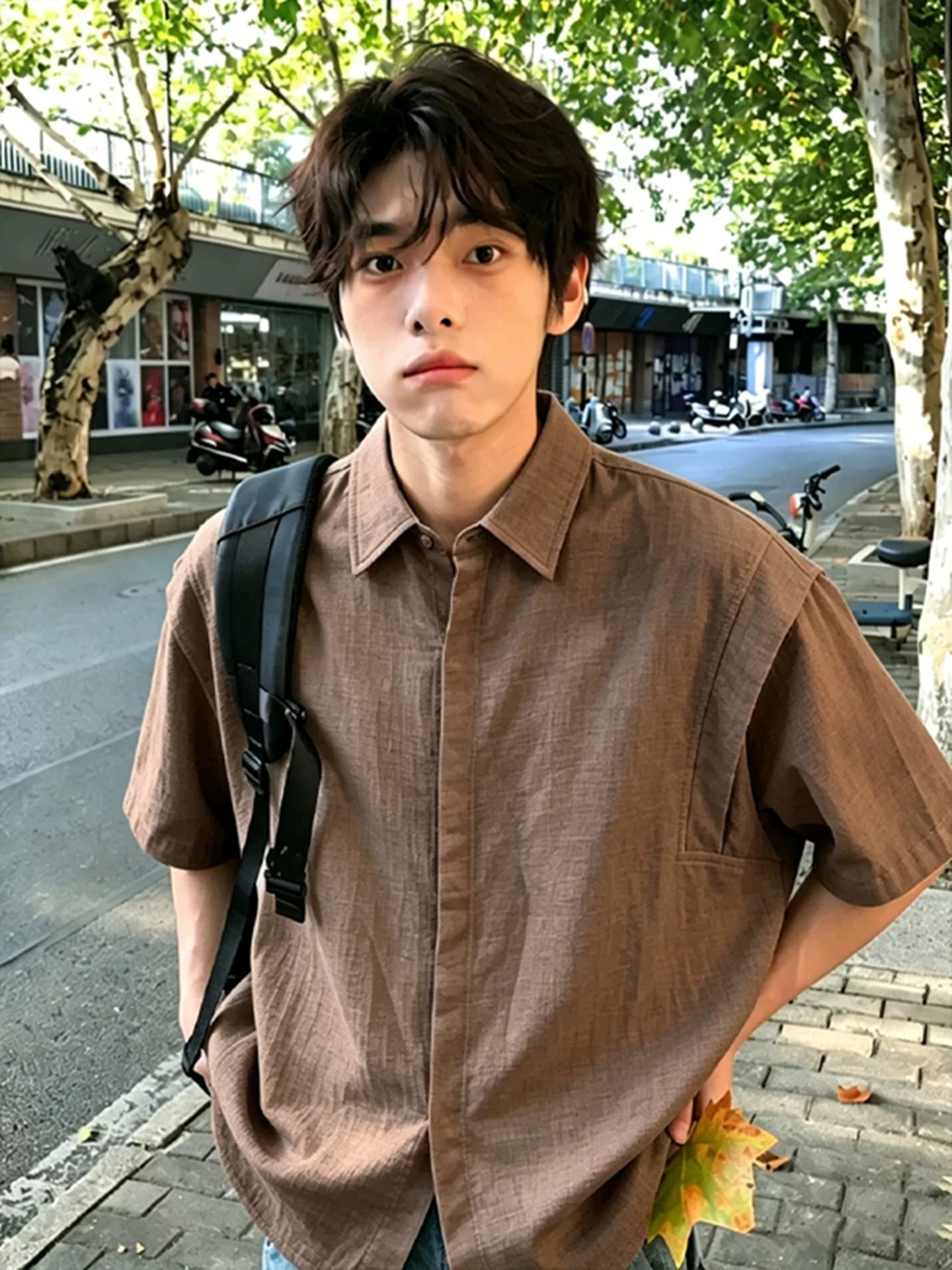 

Men's Summer Short Sleeve Shirt Linen-Like Fabric Deconstructed Shoulder Dark Button Sun Protection Outerwear American Style