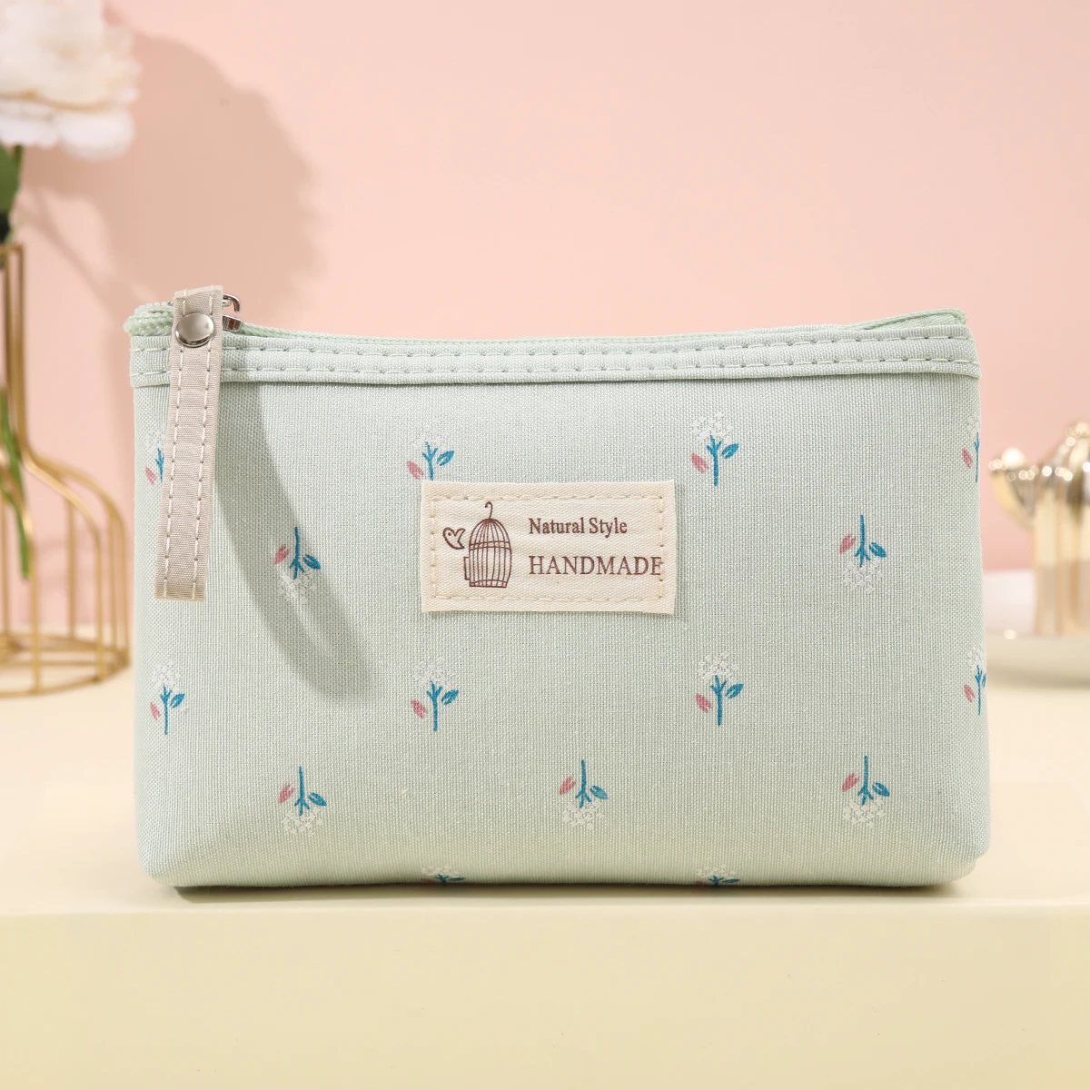 Canvas flower color printing cosmetic bag portable ladies small zipper storage bag multifunctional student coin purse