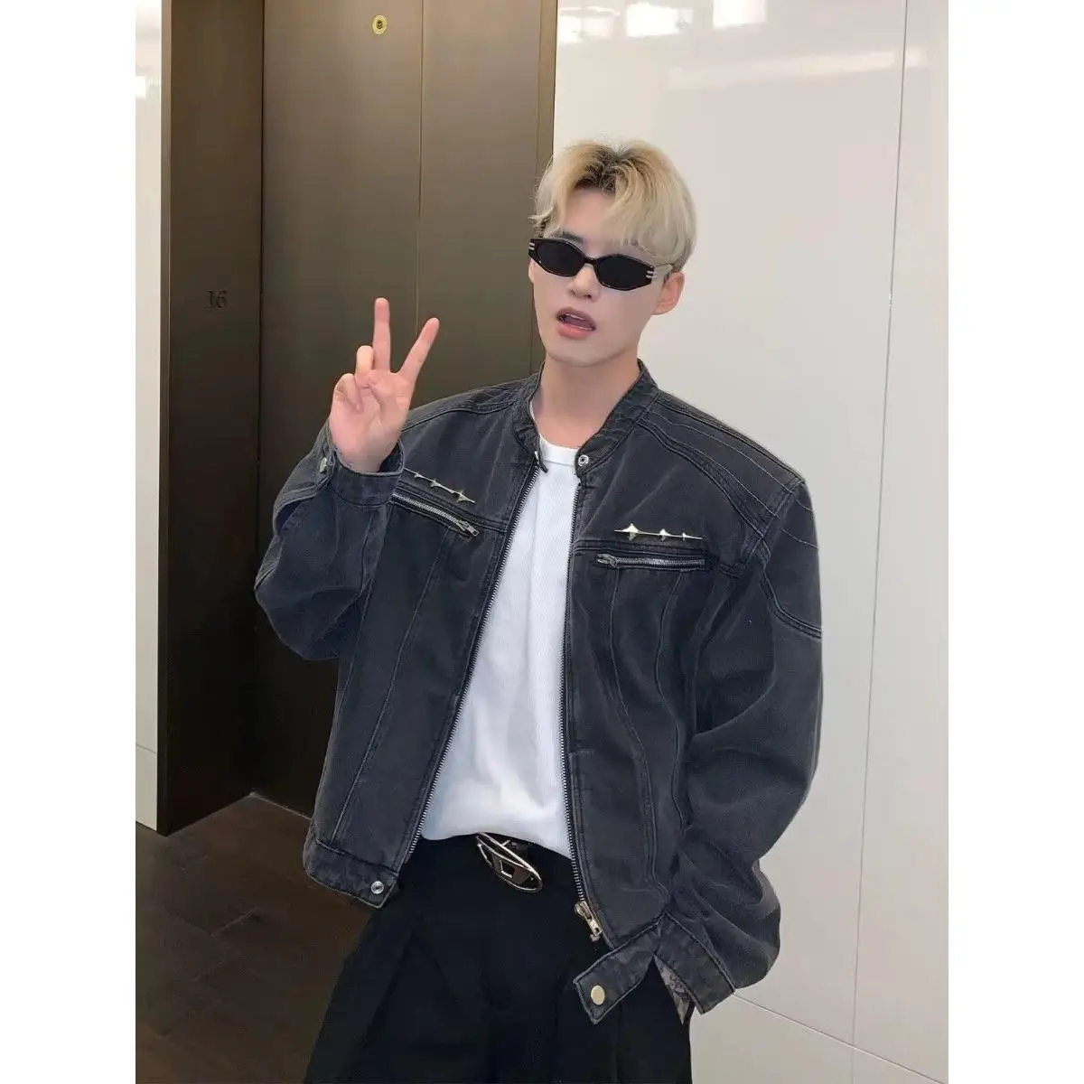 

American High Street ort Men's Denim Jaet oulder Pads Stand Collar Zipper Trendy Vintage Jaet Youthful Polyester Fiber