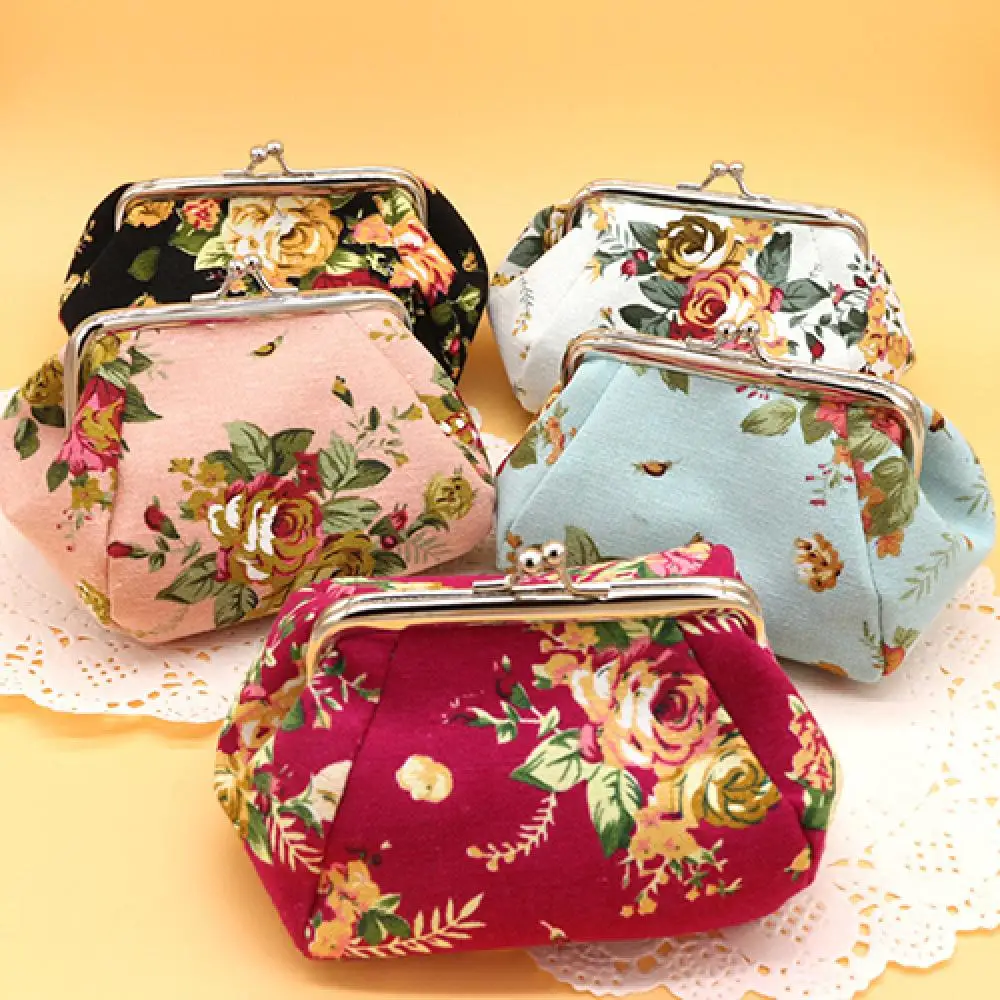 Women Flower Printed Canvas Wallet Card Holder Coin Purse Clutch Handbag Bag Ladies Lipstick Storage Cosmetic Vintage Money Bag