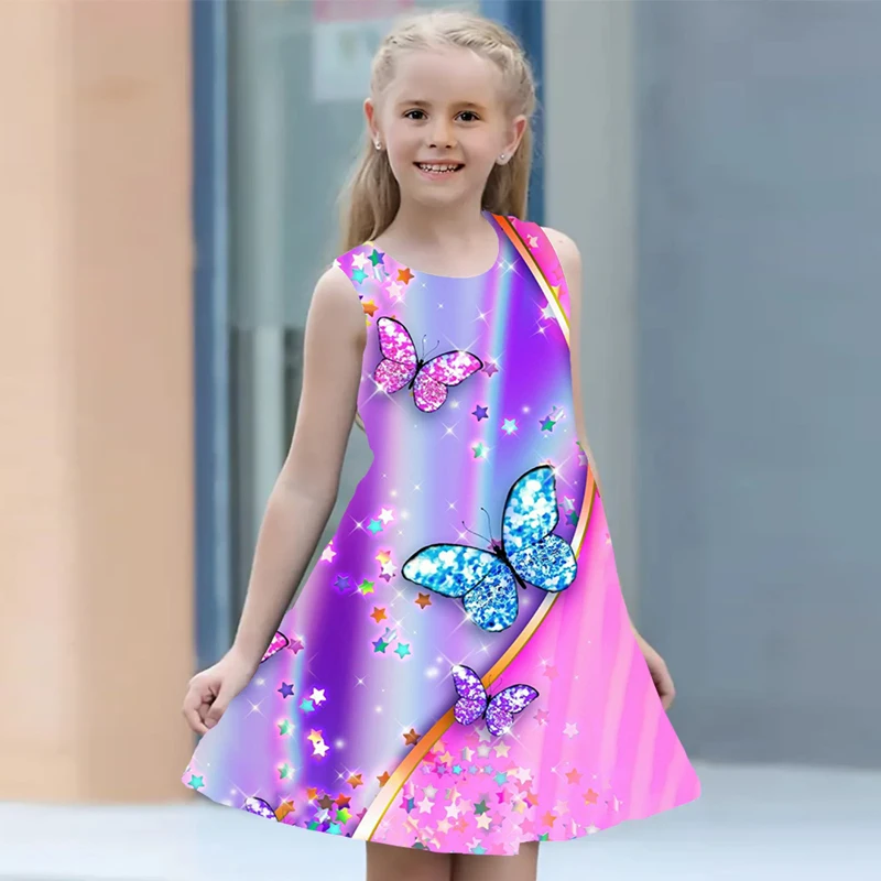 Summer Girl Dress 2024 Kids Clothes Sleeveless O-neck Butterfly 3D Print Children Princess Dress for Girls 5 to 6 Years Old