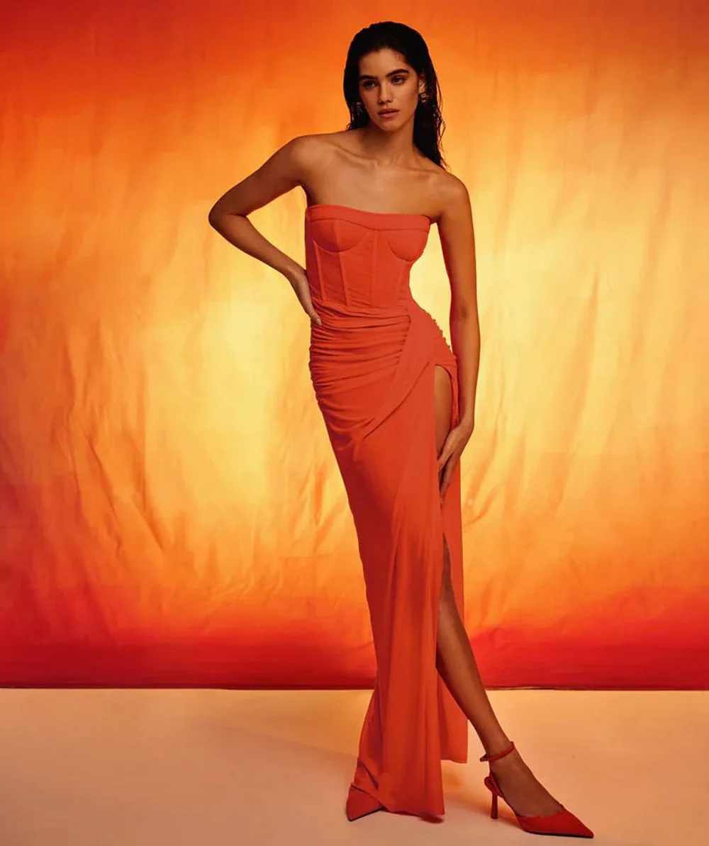 

Solid color sexy tube top dress pleated Zou irregular split dress long fashion simple temperament elegant versatile high-end hol