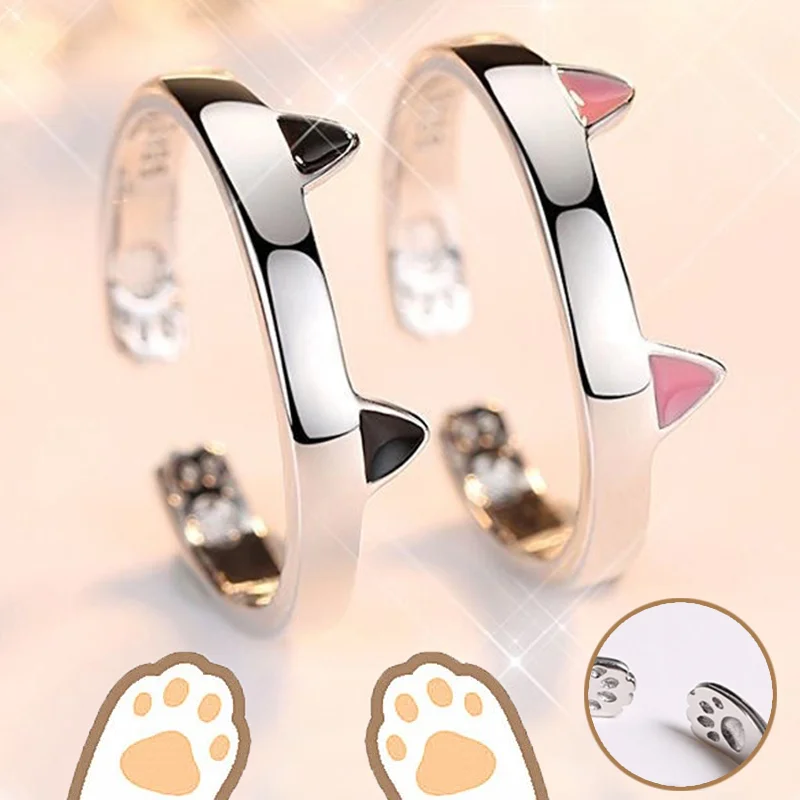 2pcs Y2K Cute Cat Paw Print Ring Women Girls Adjustable Cat Ears Paw Animal Finger Ring Couple Cartoon Little  Gift Jewelry