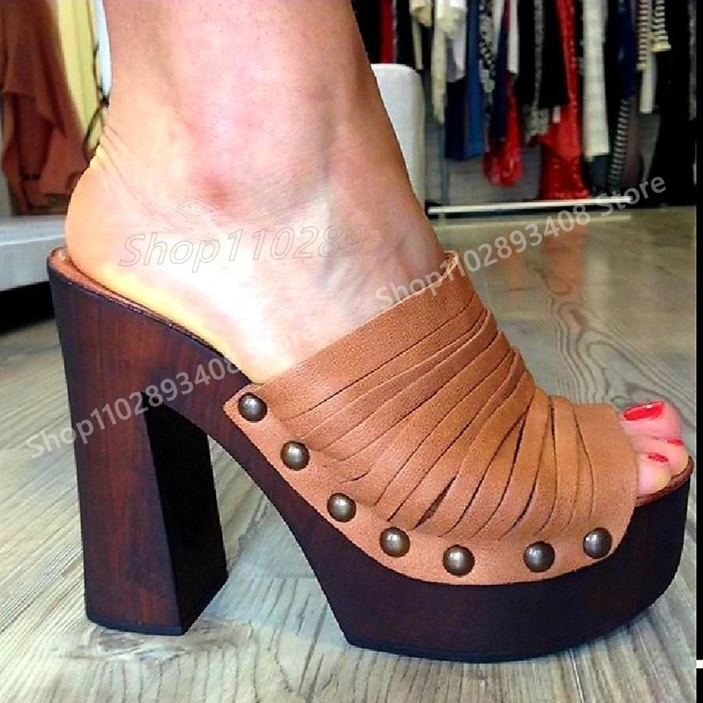 

Brown Belts Hollow Ride Rivets Decor Slippers Sexy Chunky High Heel Fashion Hot Girl Women Shoes 2025 Summer Zapatos Para Mujere