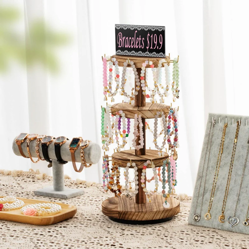 custom.3 Tier Wooden Fancy Floor Rotating Jewelry Display Island Rotating Tower Wooden Jewelry Tree Stand Bracelets