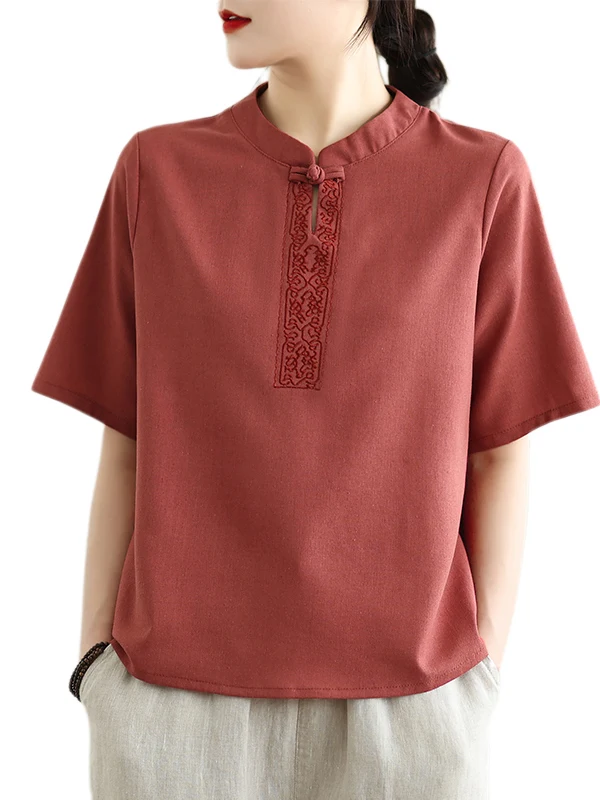 New Chinese Sle Embroidered Cotton Linen ort Sve T-irt Women Summer Vintage Button Stand Collar Linen irt Top