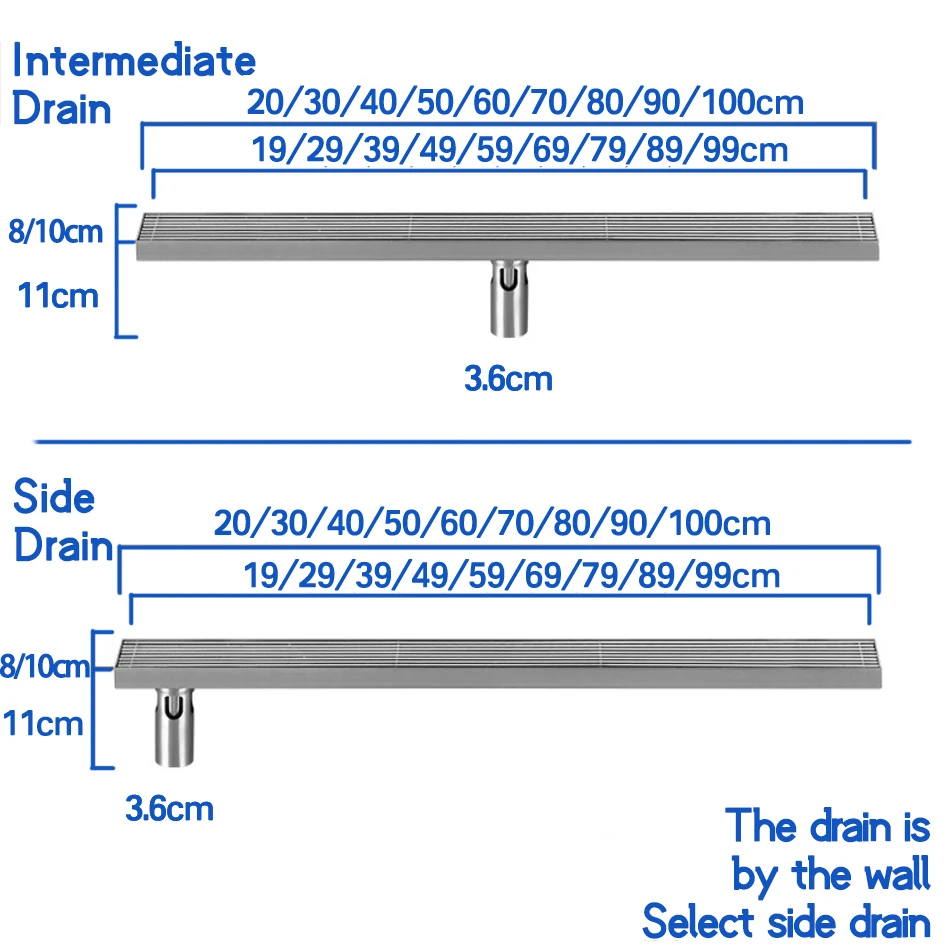 304 Stainless Steel Floor Drain Rectangle Displacement Deodorant Bathroom Shower Long Linear Drainage Side Floor Drains Brushed