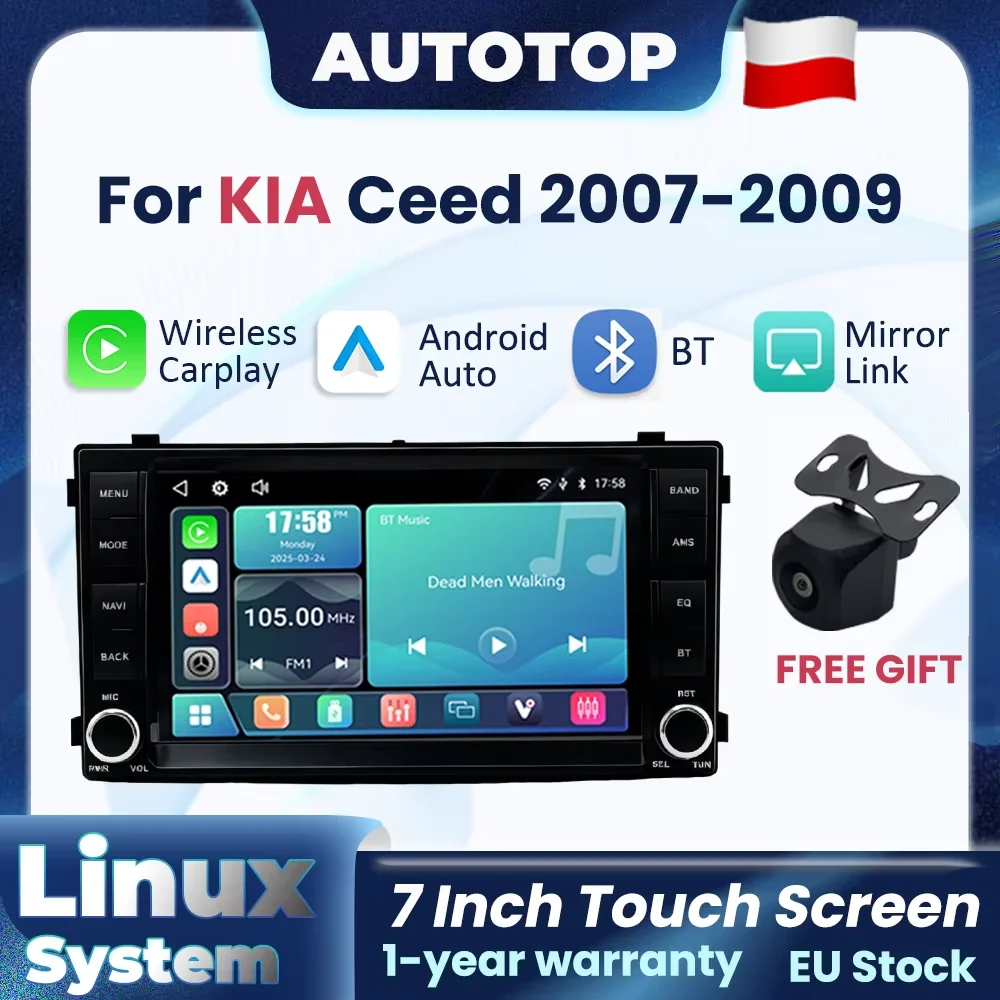 Autoradio 7 pouces Linux sans fil CarPlay Android Auto pour KIA CEED 2007 2008 2009, navigation GPS, FM, DSP, multimédia, écran tactile, Mirror Link avec caméra de recul