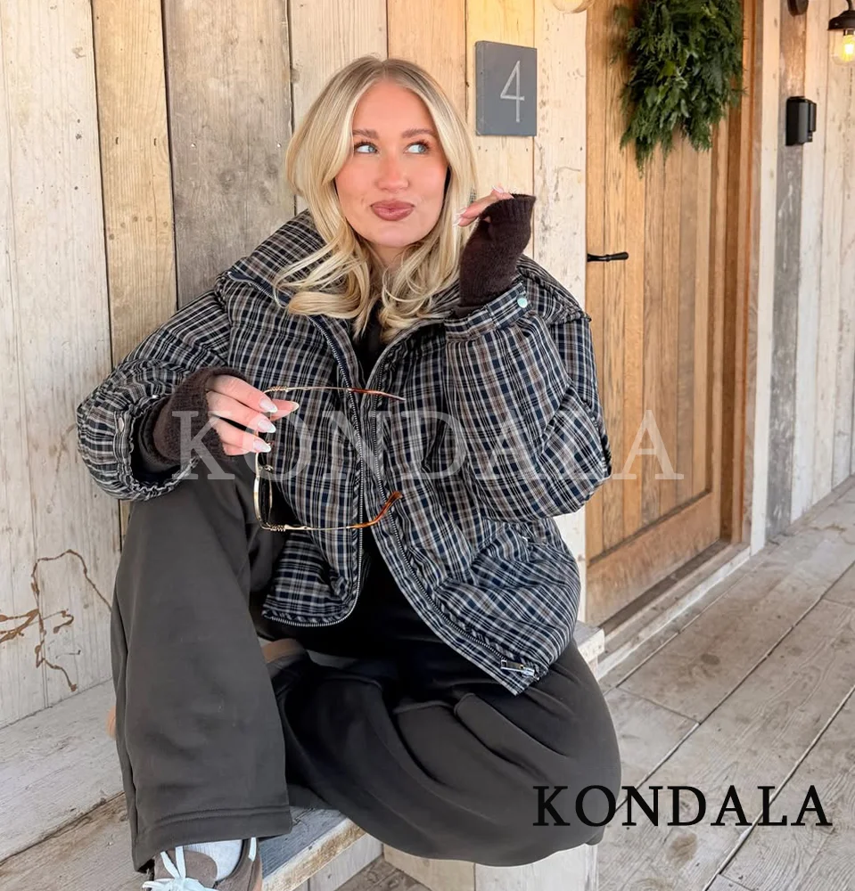 KONDALA Trendy Vintage Plaid Padding Jacket Women Stand-up Collar Zipper Jacket 2026 Fall Winter Chic High Street Casual Jacket view 2