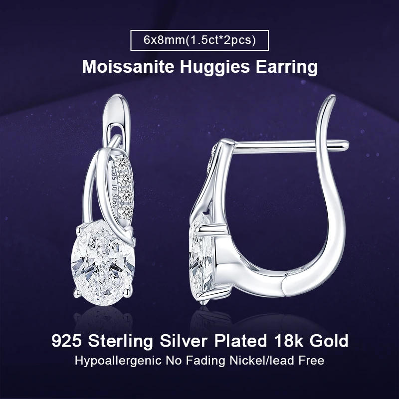 IOGOU Luxury 6x8mm Oval Cut Moissanite Huggies Earring 925 Sterling Silver Original Classic Engagement Fine Jewelry for Women