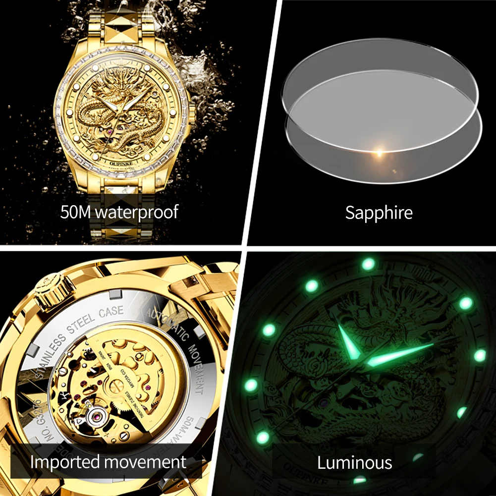 OUPINKE Men\'s Watches Luxury Top Brand Automatic Watch for Man Original Mechanical Movement Hollow Dragon Dial Waterproof