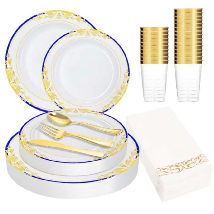 

175Piece Disposable Plastic Plates Set with 25x7 and 25x9 Heavy Duty Reusable Plates 75 Utensils 25 Cups and Napkins Durable an