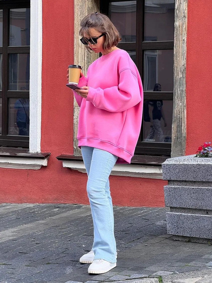 Round Neck Pullover Hoodie Mid Length Alternative Street with Loose Fit Single Regular Thickness Streetwear Women Sweatshirts