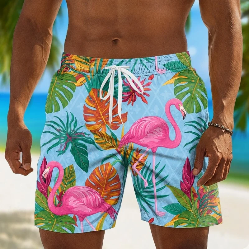 

Funny Rooster & Flamingo Graphic Swim Trunks For Men Tropical 3D Printed Short Pants Summer Hawaii Surf Swimsuit Beach Shorts
