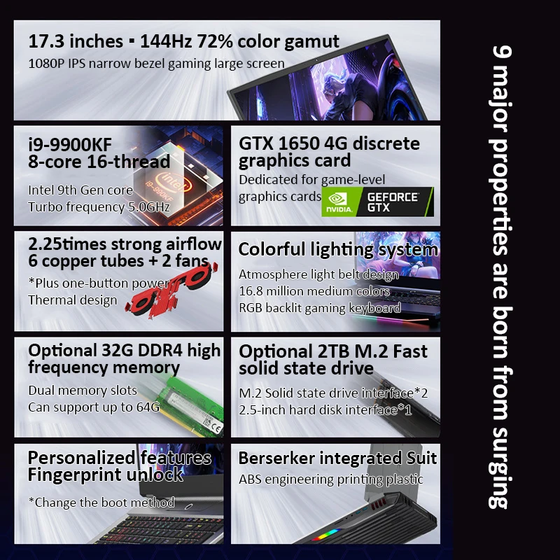 Imagem -02 - Laptop Gaming com Teclado Retroiluminado Rgb Computador Notebook Win10 173 Polegadas Ips I9-9900kf Gtx 1650 Gráficos Dedicados 4g pc Gamer 1920x1080