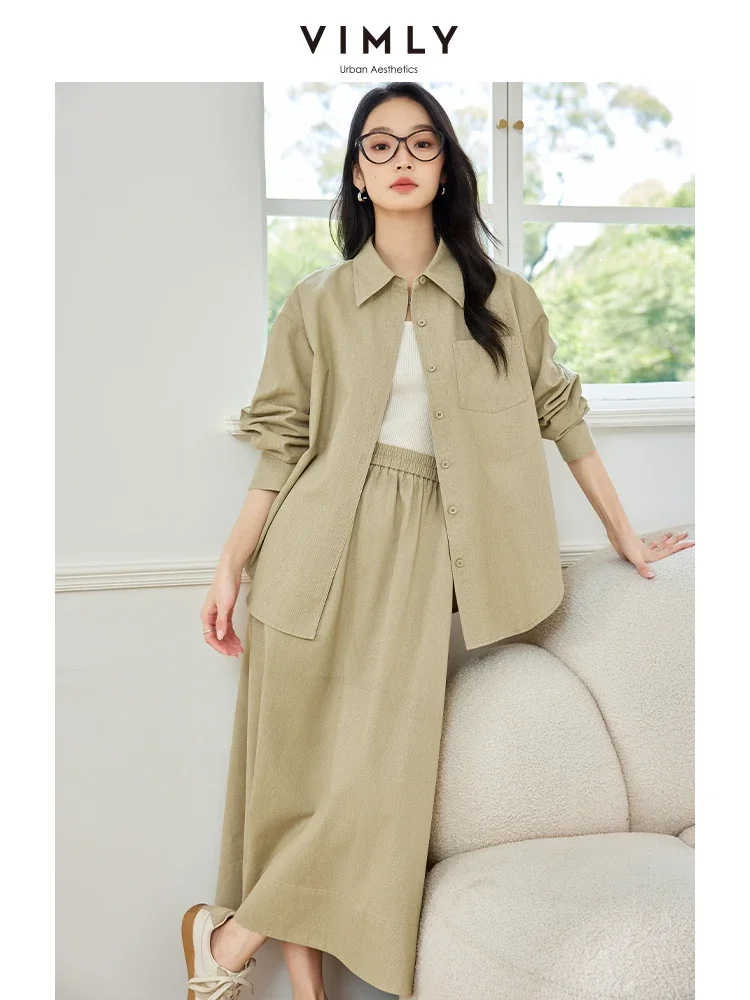 VIMLY Fashion Office Lady Solid Set Women\'s Commuter Long Sleeve Lapel Cardigan T-Shirt+High-Waist Skirts Suit New Autumn Trendy