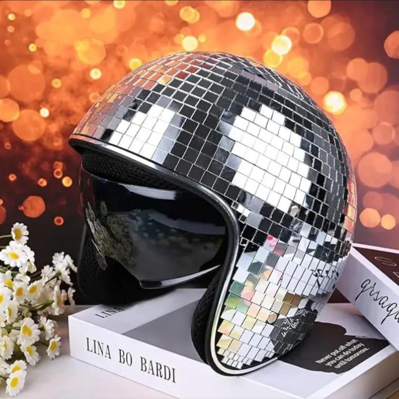 Glitter Mirror Glass Disco Ball Hat With Retractable Visor Disco Helmet For DJ Club Stage Bar Party Wedding Punk Costume